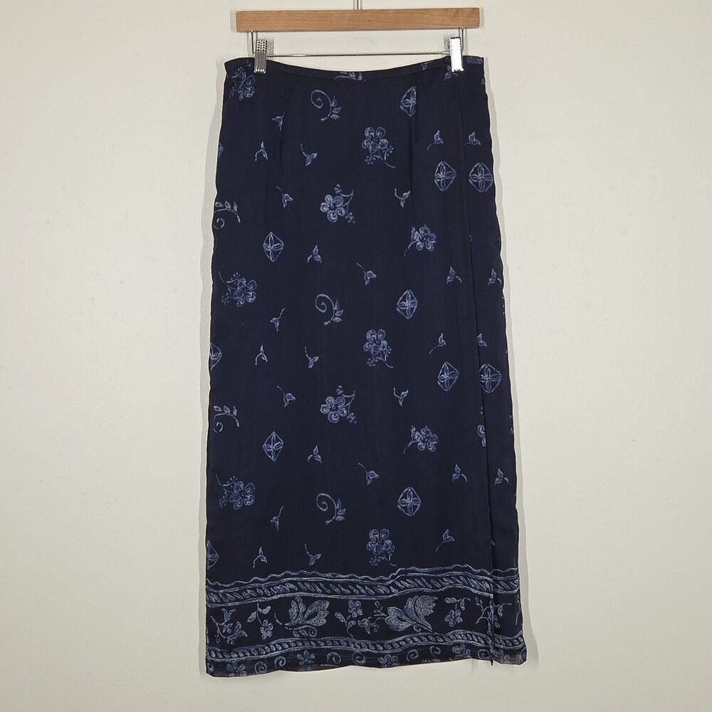 Vtg 90s Y2K Dark Floral Navy Blue Maxi Skirt Faux Wrap 10 Grunge Indie Fairy